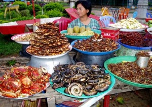 Stir-fried insects are all sold by vendors